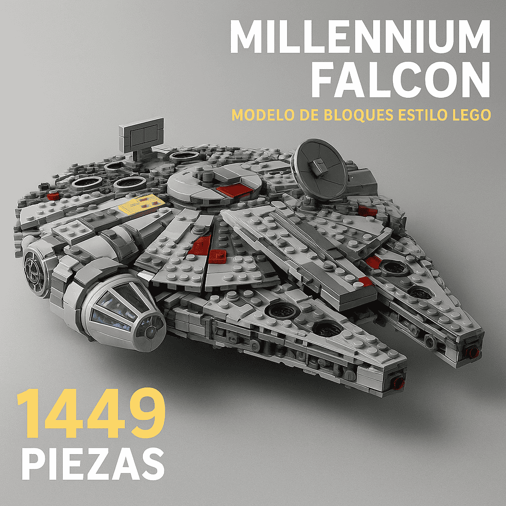 Arma la versión moderna del Halcón Milenario de Star Wars con 1449 piezas tipo LEGO. Diseño renovado, ideal para fans de la saga y coleccionistas de modelos de bloques.