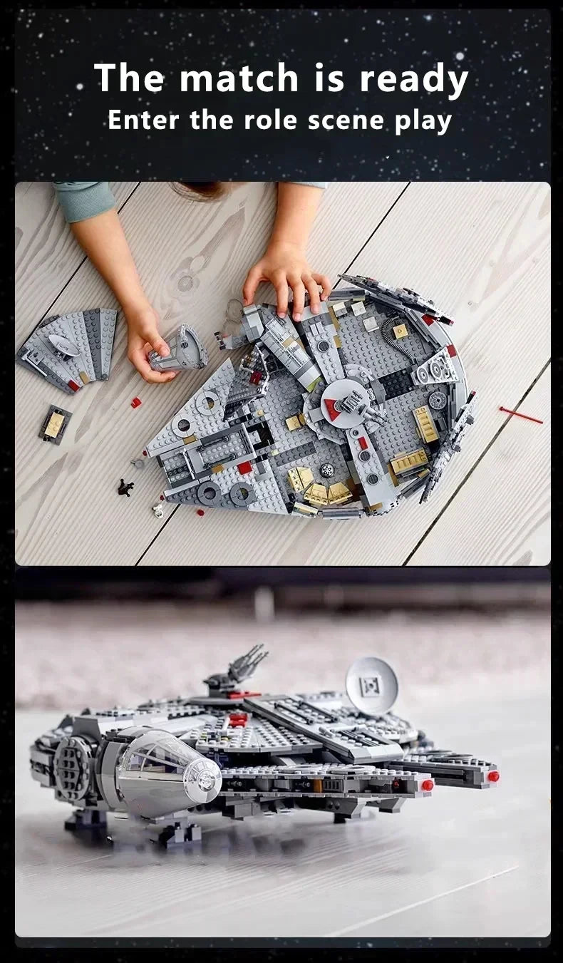 Construye el Halcón Milenario con este set de 1358 piezas tipo LEGO. Ideal para fans de Star Wars y amantes de los modelos detallados. ¡Una nave épica para armar y coleccionar!