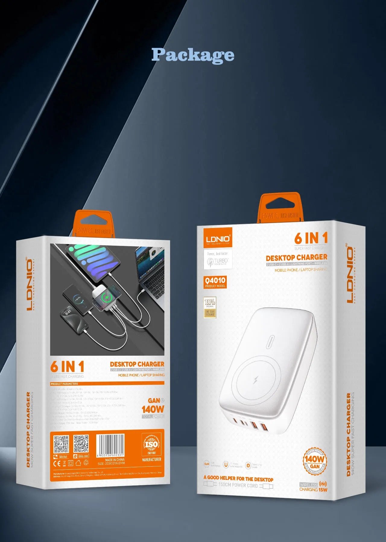 Cargador de escritorio LDNIO Q4010 con GaN 140W, 6 puertos + carga inalámbrica, plugs EU/US/UK y 9 protecciones. Ideal para laptop y móvil.