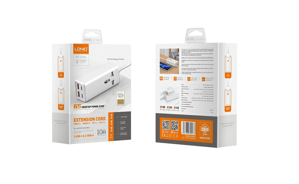 LDNIO SC1418 con 2×USB-C + 2×USB-A (65 W), cable 2 m y 2500 W. PC ignífugo y 9 protecciones. Ideal para escritorio y hogar. Envíos a todo el Perú.