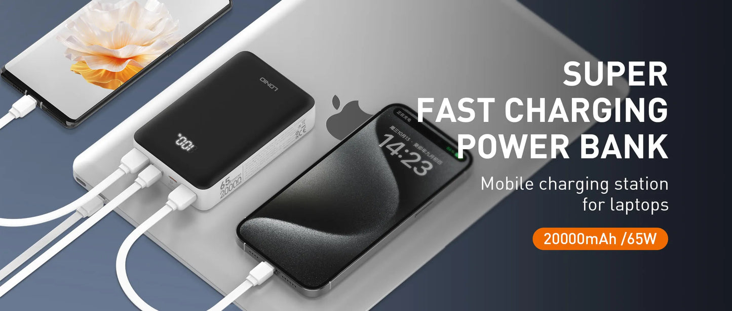 LDNIO PQ27 con 20,000 mAh, USB-C 65W bidireccional y 2×USB-A 22.5W. Power bank rápido y seguro con 9 protecciones. Envíos a todo el Perú.
