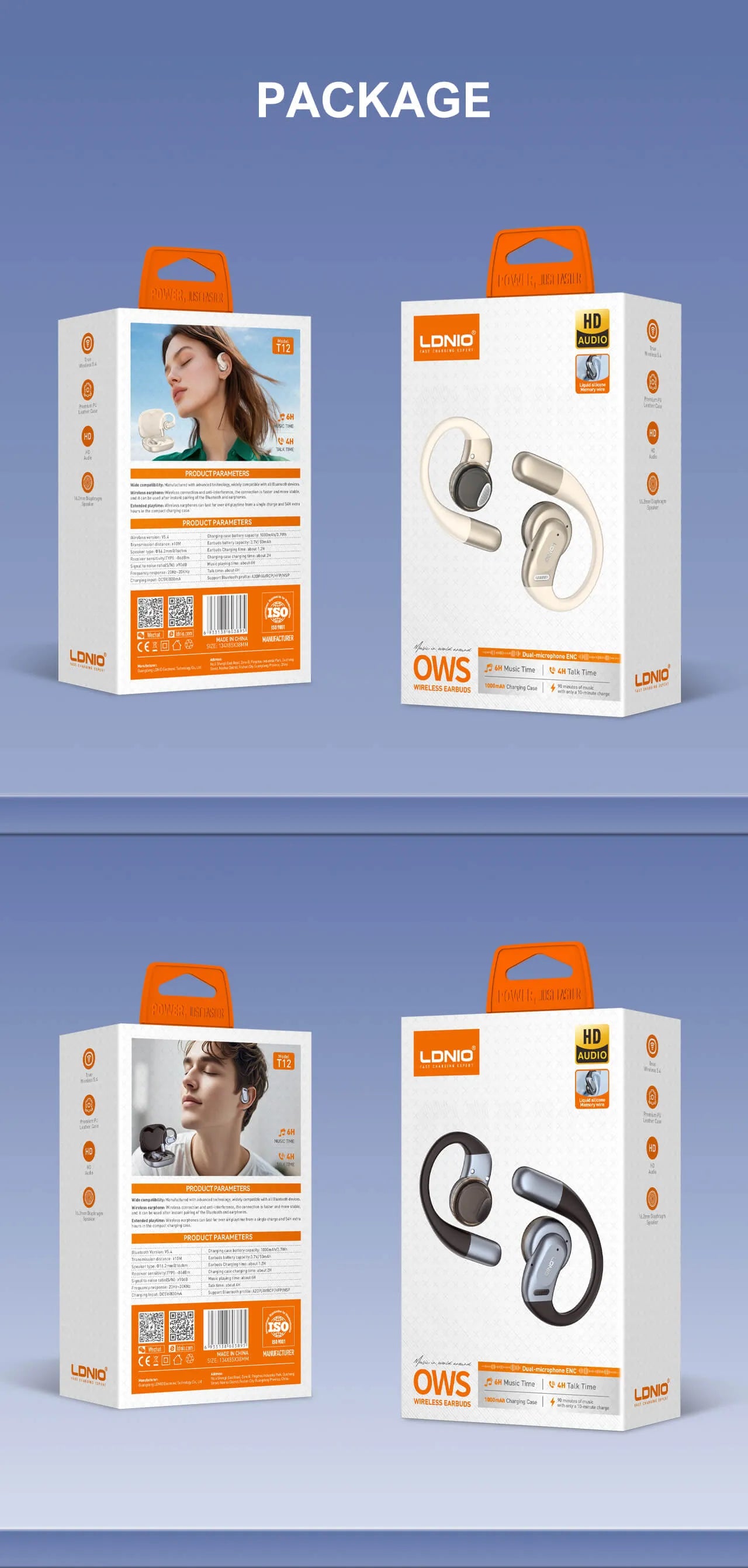 Auriculares LDNIO T12 ear-hook con BT 5.4, IPX4, estuche 1000 mAh (hasta 54 h), baja latencia, táctiles y USB-C. Ajuste firme y cómodo.