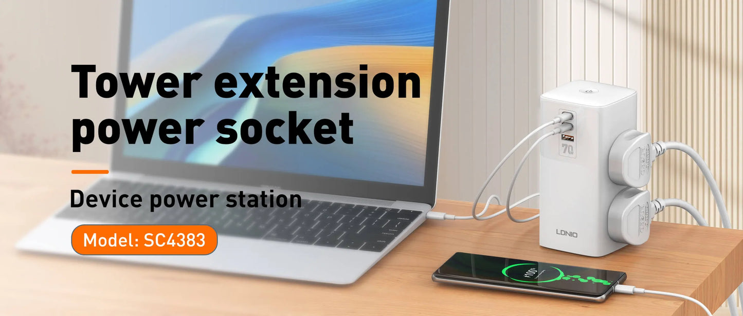 LDNIO SC4383 con 4 tomas universales, USB 70 W (2×USB-C + 1×USB-A), cable 2 m y 2500 W. Ideal para escritorio y home office. Envíos a todo el Perú.