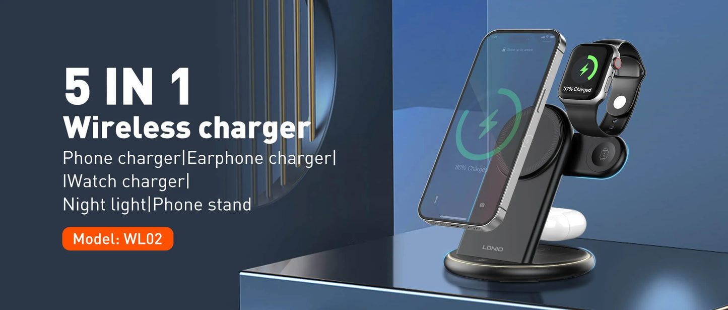 Organiza tu velador/escritorio con la LDNIO WL02: Qi 15W, reloj 2.5W, earbuds 5W, imán N52 y luz LED 3W. Menos cables, más orden.