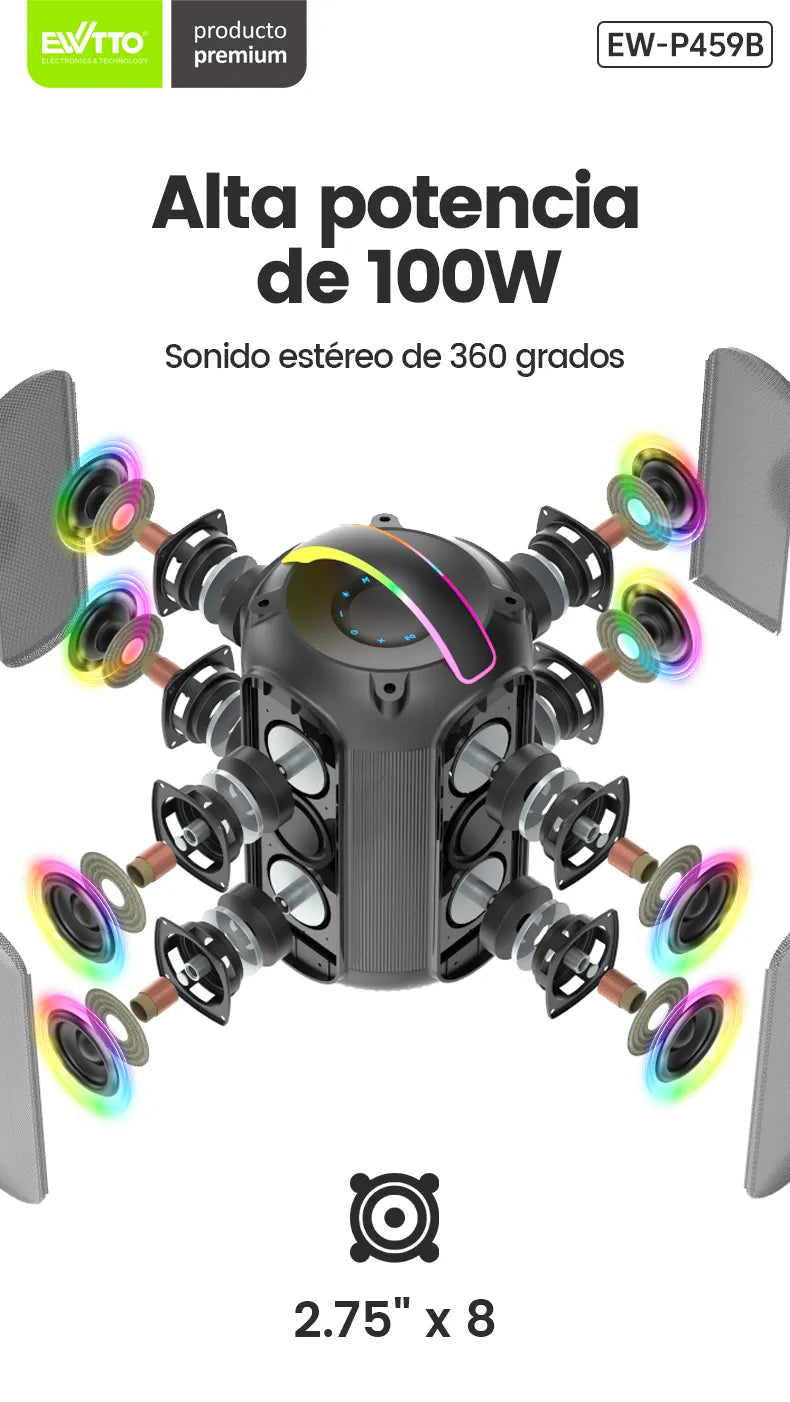🔊 Parlante Bluetooth 100W con sonido 360°, luces RGB y resistencia al agua IPX5. Hasta 10h de reproducción. ¡Compra ahora y enciende la música!