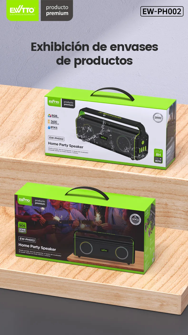 Parlante portátil de 80W con luz RGB, IPX5, batería 3600mAh, EQ ajustable y TWS. Diseño resistente con mango de silicona. ¡Potente y listo para la acción!