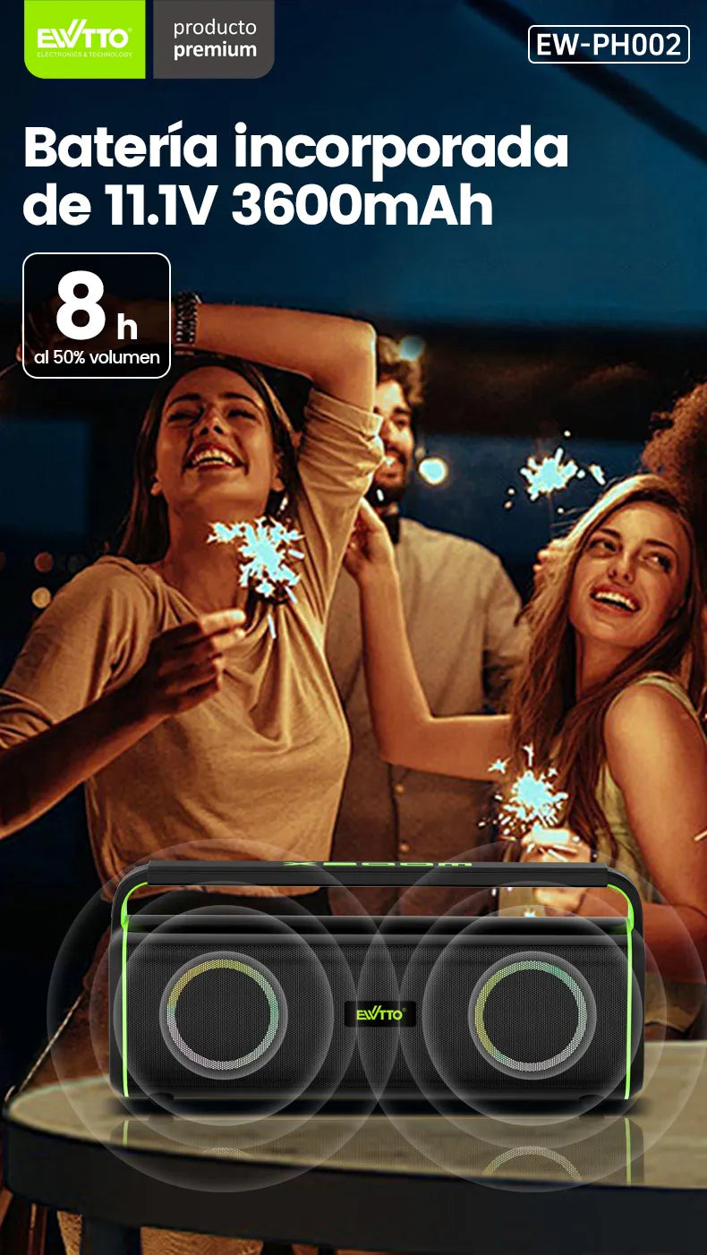 Parlante portátil de 80W con luz RGB, IPX5, batería 3600mAh, EQ ajustable y TWS. Diseño resistente con mango de silicona. ¡Potente y listo para la acción!