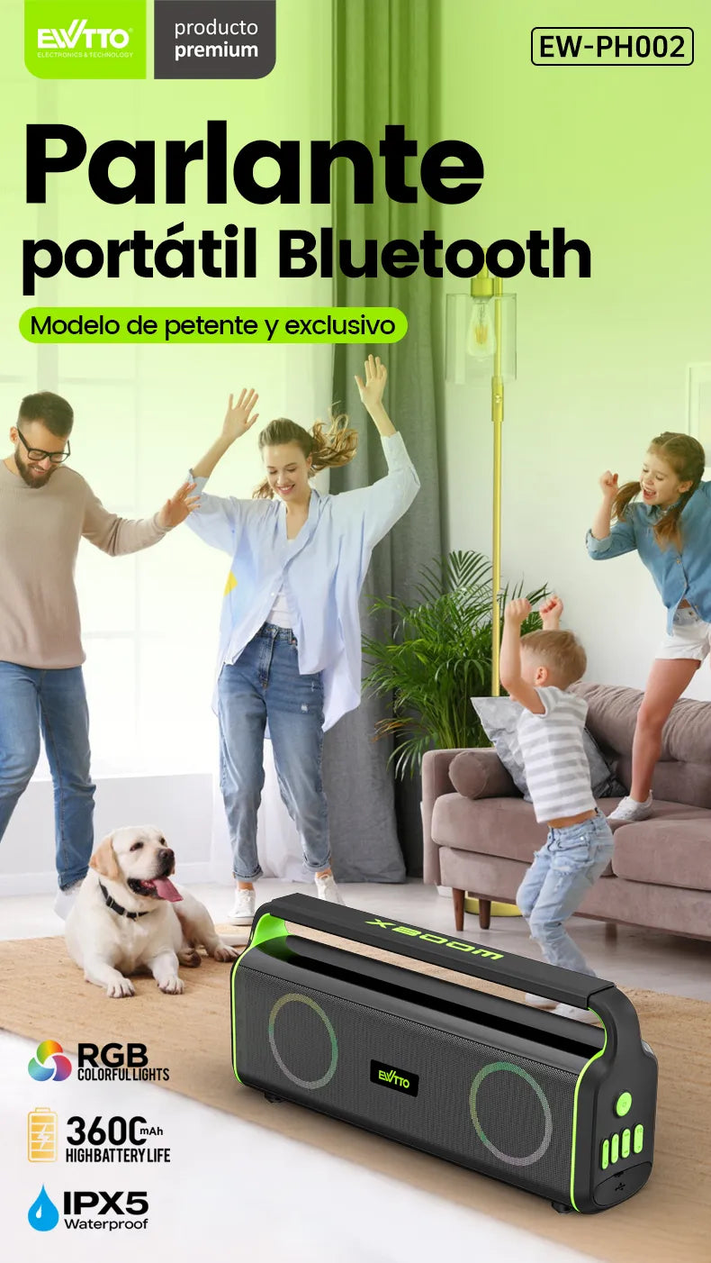 Parlante portátil de 80W con luz RGB, IPX5, batería 3600mAh, EQ ajustable y TWS. Diseño resistente con mango de silicona. ¡Potente y listo para la acción!