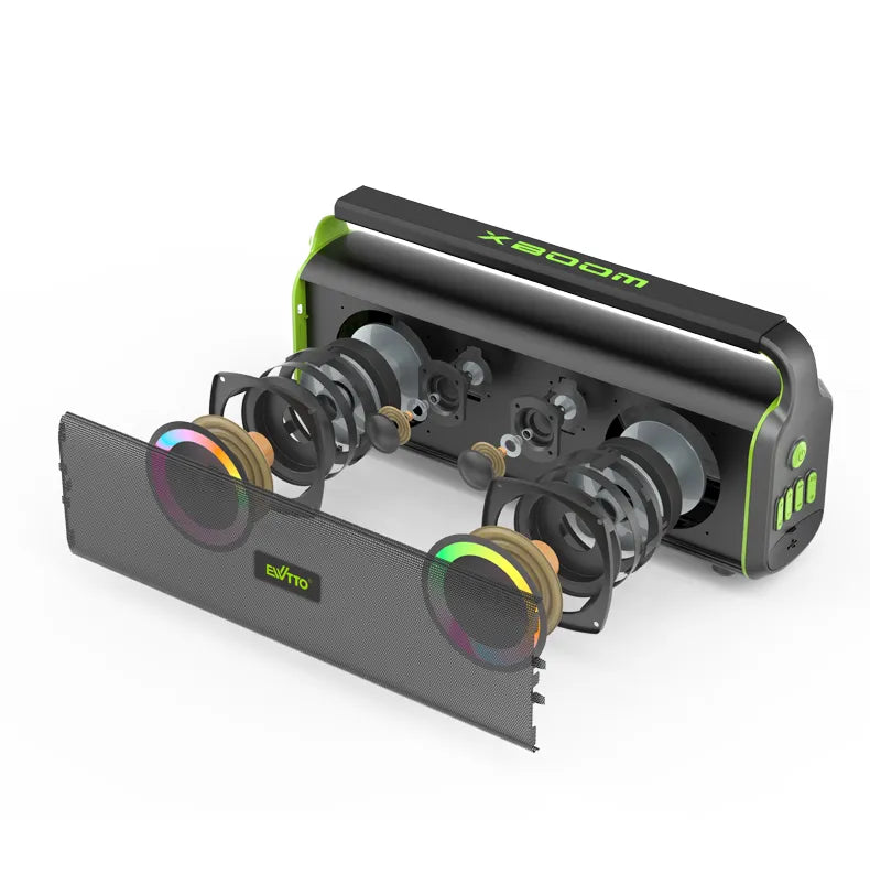 Parlante portátil de 80W con luz RGB, IPX5, batería 3600mAh, EQ ajustable y TWS. Diseño resistente con mango de silicona. ¡Potente y listo para la acción!
