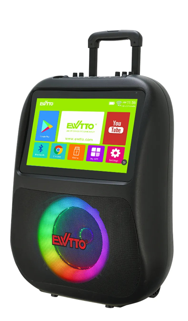 Parlante EWTTO EW-P539MBC con pantalla táctil de 14”, Android 11.0, luces LED, karaoke y 60W de sonido envolvente. ¡Ideal para fiestas y gamers!
