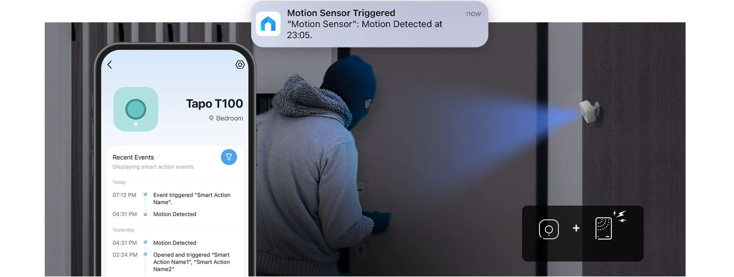 Sensor de movimiento Tapo T100. Automatiza luces y alarmas, recibe notificaciones en tiempo real. Compatible con Hub Tapo H100. ¡Compra ahora!