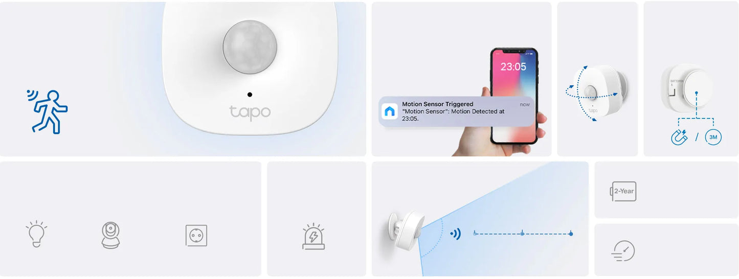 Sensor de movimiento Tapo T100. Automatiza luces y alarmas, recibe notificaciones en tiempo real. Compatible con Hub Tapo H100. ¡Compra ahora!