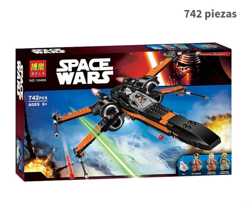 Construye el icónico X-Wing Fighter con este set de 742 piezas de Space Wars. Ideal para coleccionistas, decoración geek y fans de Star Wars. Material ABS resistente.