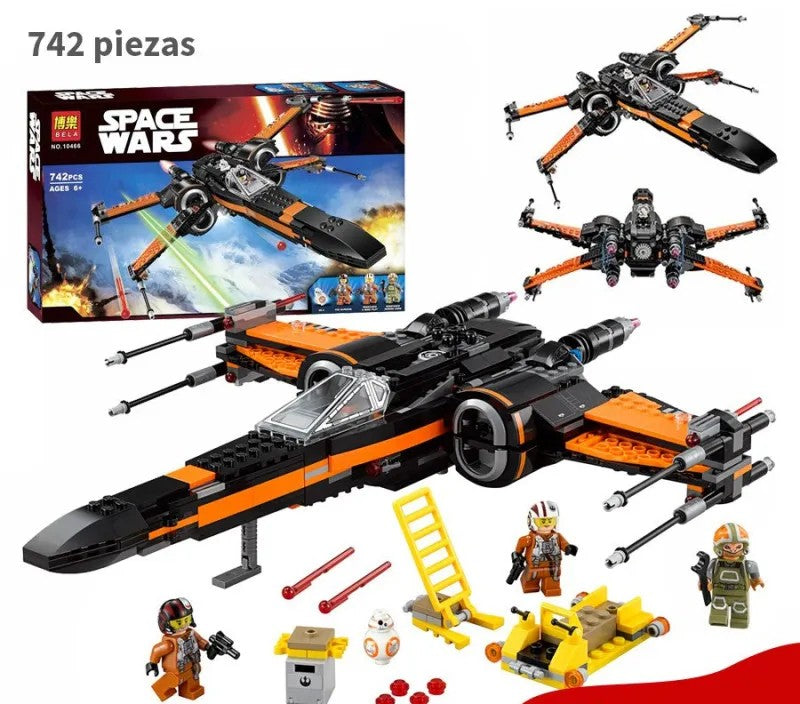 Construye el icónico X-Wing Fighter con este set de 742 piezas de Space Wars. Ideal para coleccionistas, decoración geek y fans de Star Wars. Material ABS resistente.