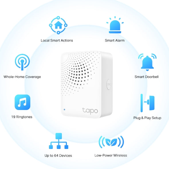 Tapo H100 conecta hasta 64 dispositivos Tapo, actúa como alarma y timbre inteligente. Control total desde la app. ¡Crea tu hogar inteligente hoy!