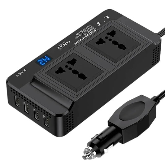 XO CZ011 convierte 12V a 220V 200W con 2 tomas AC, USB-C PD 20W y USB 3A. Compacto, con protecciones y LED. Ideal para viajes y trabajo móvil.