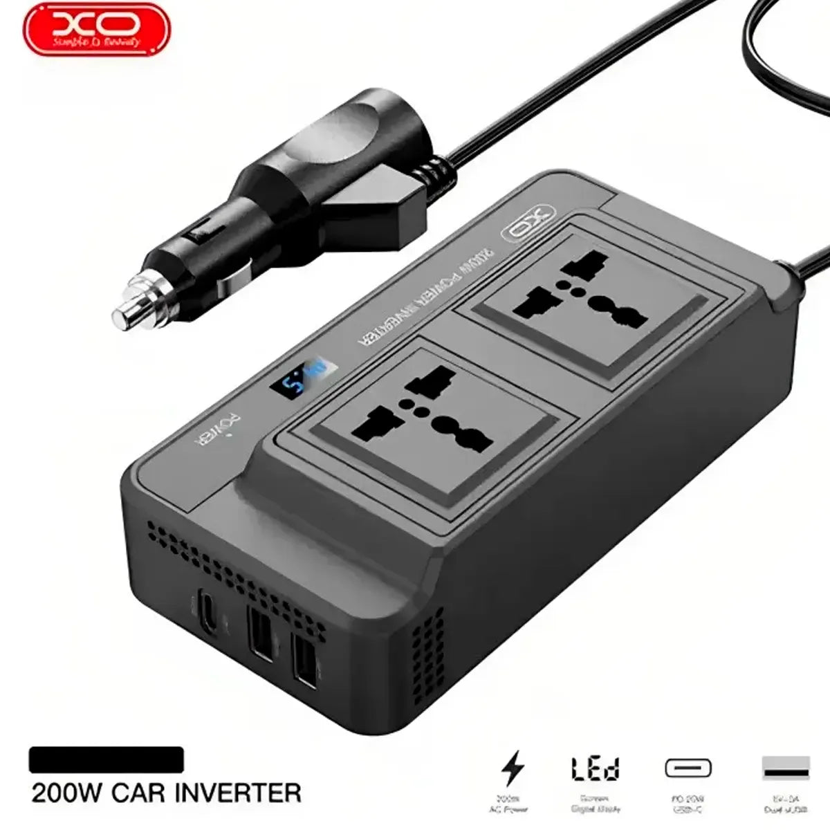 XO CZ011 convierte 12V a 220V 200W con 2 tomas AC, USB-C PD 20W y USB 3A. Compacto, con protecciones y LED. Ideal para viajes y trabajo móvil.