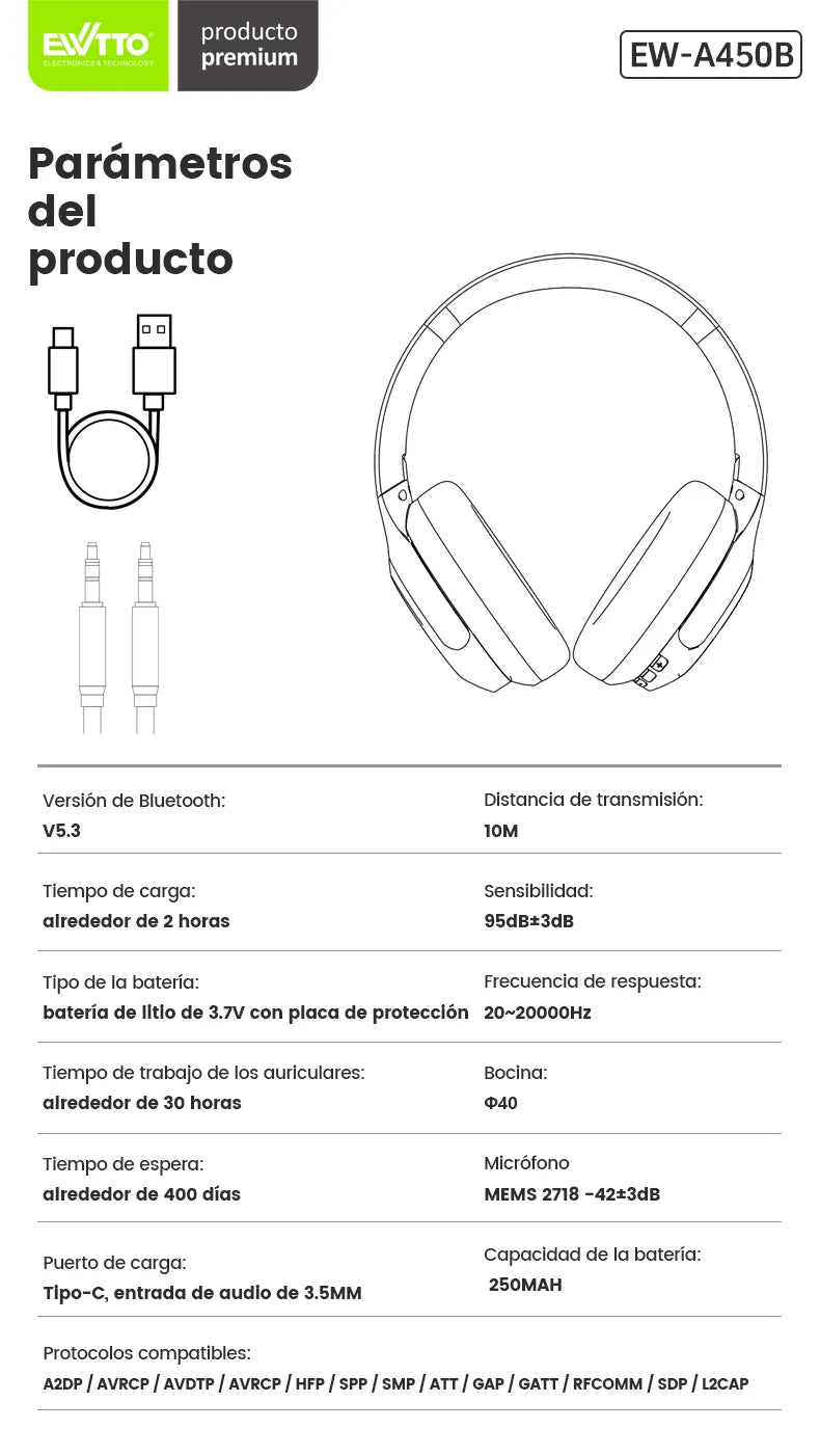 Audífonos de Diadema Bluetooth EW-A450B con cancelación de ruido ENC, sonido HiFi y batería de 30 horas