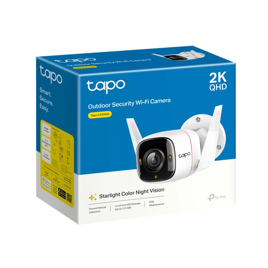 Cámara exterior Tapo C320WS con 2K QHD, visión nocturna a color, conexión Wi-Fi o cable, audio bidireccional, detección y alarma. ¡Compra segura!