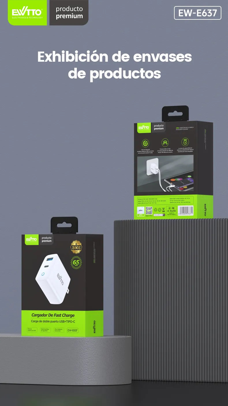 EW-E637 – Cargador GaN con tecnología avanzada para carga eficiente y protección contra sobrecarga