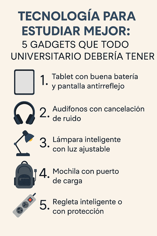 Descubre 5 gadgets ideales para universitarios que mejoran la concentración y organización. Tecnología útil para estudiar más y mejor.