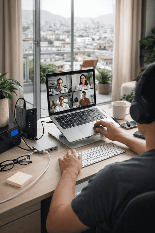 Setup real 2026 para estudiar/teletrabajar en verano limeño: audio limpio, energía estable y menos cables