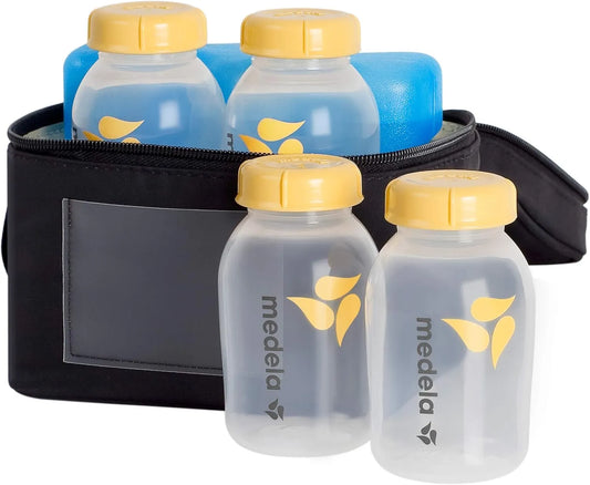 Kit de transporte Medela con bolsa térmica, 4 botellas de 150 ml y gel frío para mantener leche fresca hasta 12 h. Sin BPA.