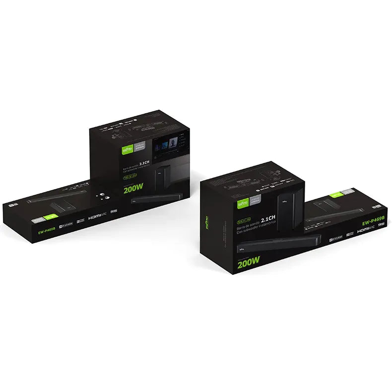 Barra de sonido EW-P469B 2.1CH con 200W y subwoofer inalámbrico de 8”. Control remoto completo y conectividad múltiple. Mejora tu TV en minutos.