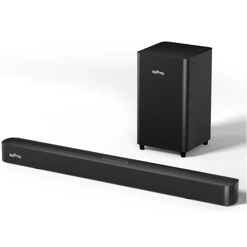 Barra de sonido EW-P469B 2.1CH con 200W y subwoofer inalámbrico de 8”. Control remoto completo y conectividad múltiple. Mejora tu TV en minutos.