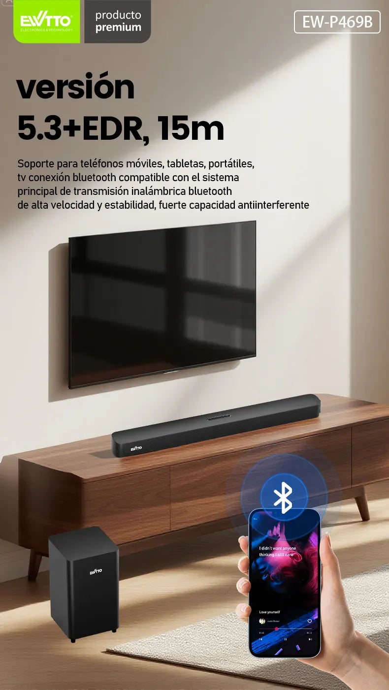 Barra de sonido EW-P469B 2.1CH con 200W y subwoofer inalámbrico de 8”. Control remoto completo y conectividad múltiple. Mejora tu TV en minutos.