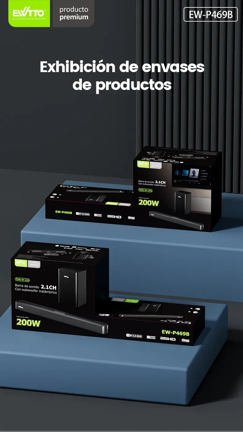 Barra de sonido EW-P469B 2.1CH con 200W y subwoofer inalámbrico de 8”. Control remoto completo y conectividad múltiple. Mejora tu TV en minutos.