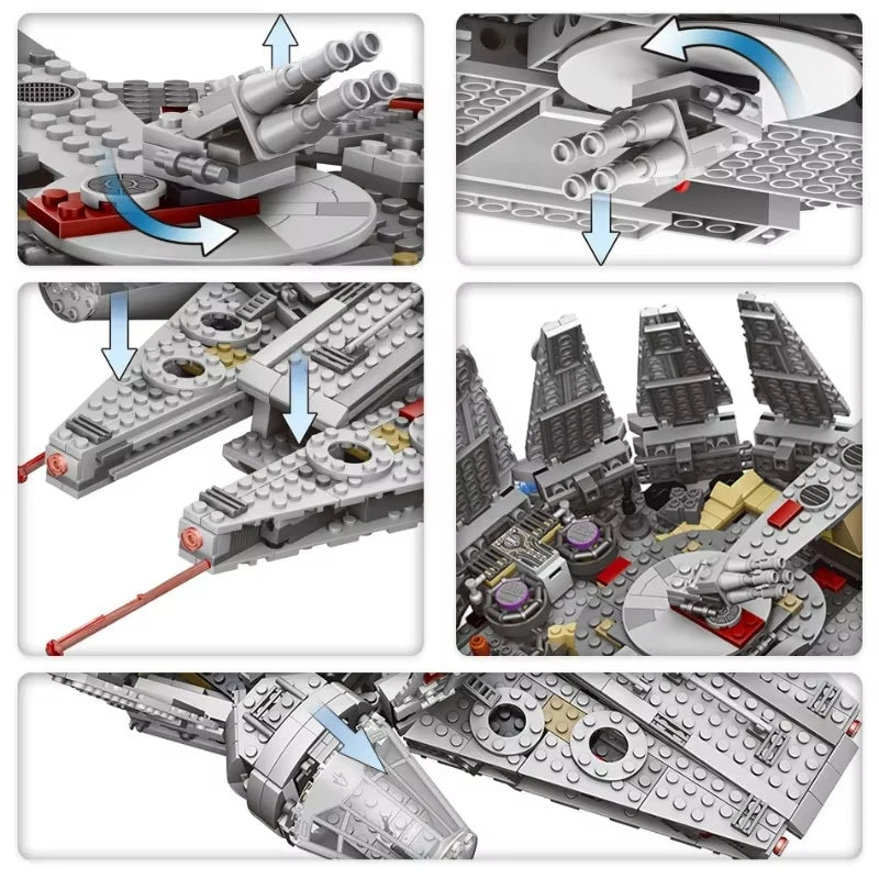 Construye el Halcón Milenario con este set de 1358 piezas tipo LEGO. Ideal para fans de Star Wars y amantes de los modelos detallados. ¡Una nave épica para armar y coleccionar!