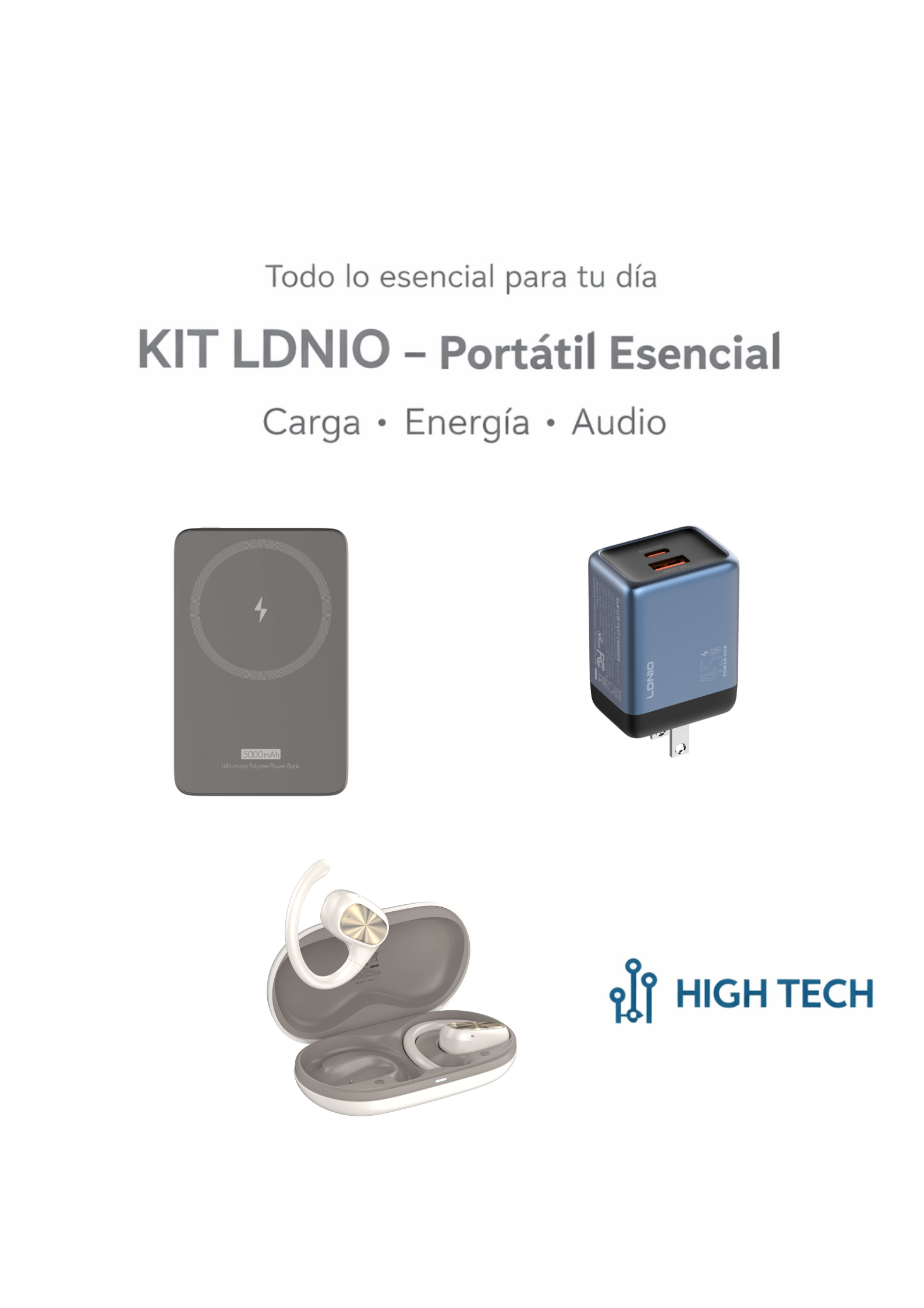 Kit LDNIO portátil con powerbank, cargador GaN 45W y audífonos Bluetooth. Todo lo esencial para tu día en un solo combo.