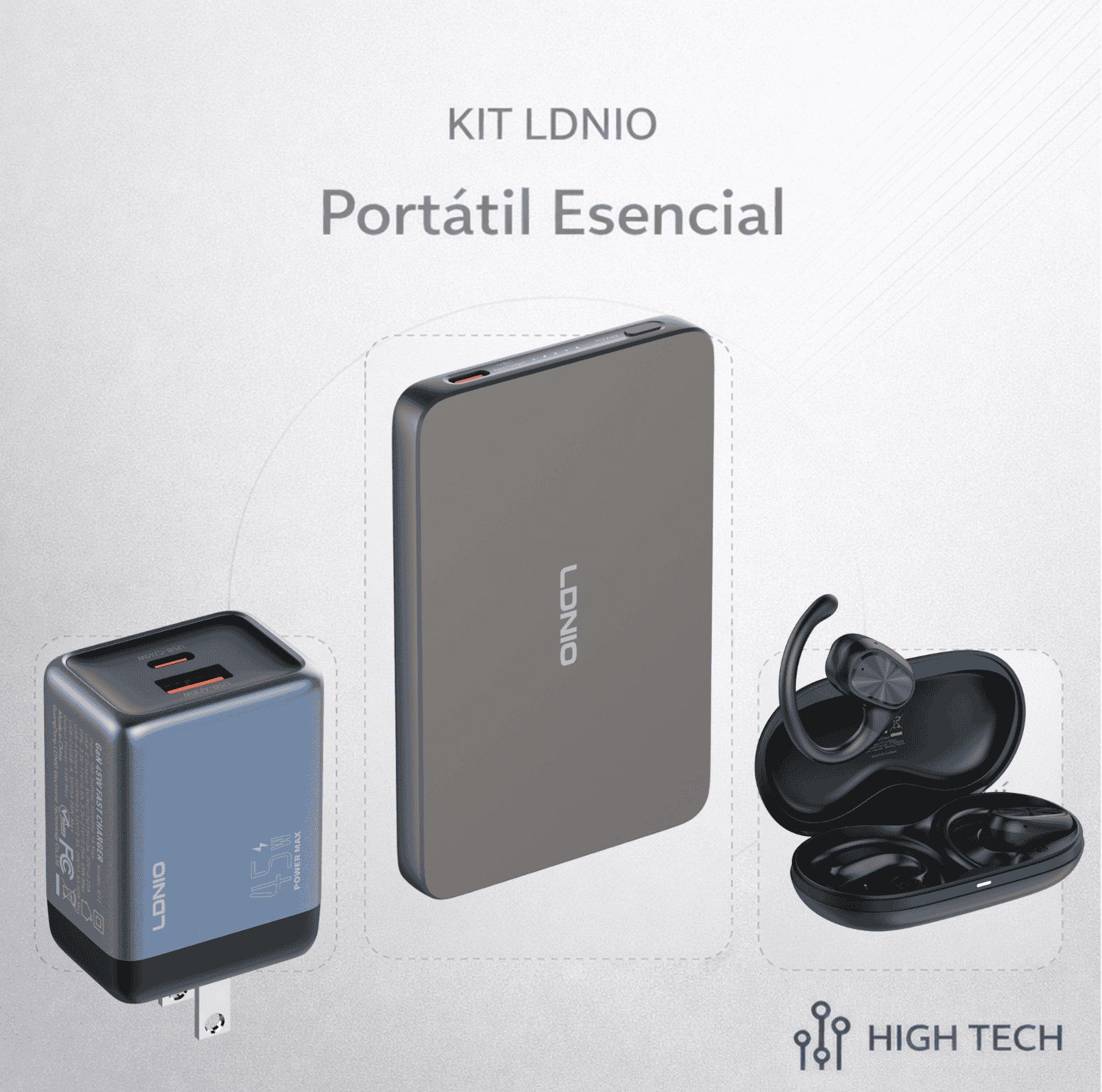 Kit LDNIO portátil con powerbank, cargador GaN 45W y audífonos Bluetooth. Todo lo esencial para tu día en un solo combo.