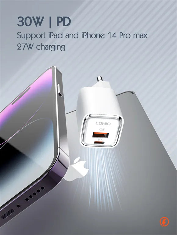 Cargador LDNIO A2317C 30W con USB-C PD y USB-A QC. Compacto, seguro (9 protecciones) y compatible con PD/QC. Ideal para casa, oficina y viajes.
