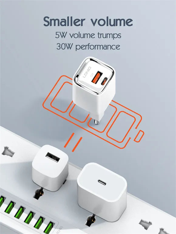 Cargador LDNIO A2317C 30W con USB-C PD y USB-A QC. Compacto, seguro (9 protecciones) y compatible con PD/QC. Ideal para casa, oficina y viajes.