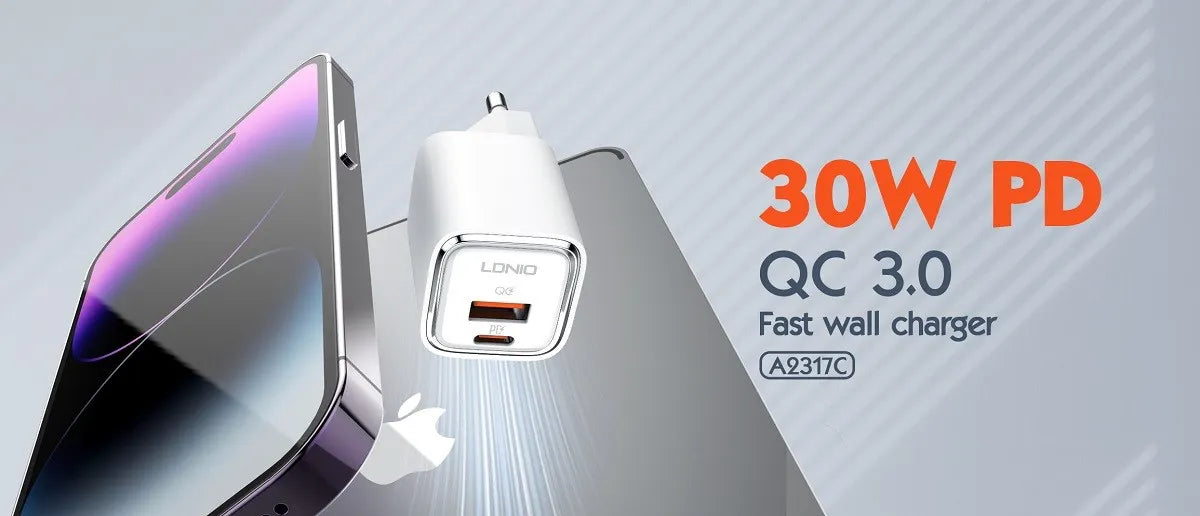 Cargador LDNIO A2317C 30W con USB-C PD y USB-A QC. Compacto, seguro (9 protecciones) y compatible con PD/QC. Ideal para casa, oficina y viajes.