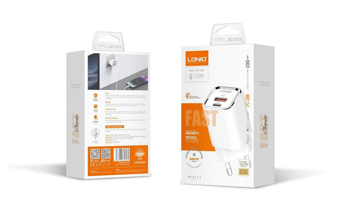 Cargador LDNIO A2317C 30W con USB-C PD y USB-A QC. Compacto, seguro (9 protecciones) y compatible con PD/QC. Ideal para casa, oficina y viajes.