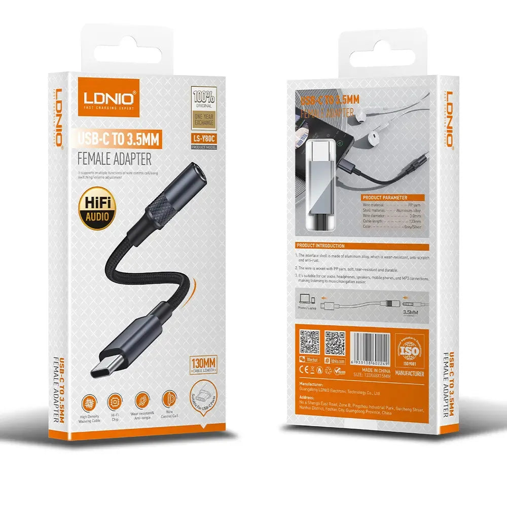 Adaptador LDNIO LSY80C USB-C a 3.5 mm para audífonos y manos libres (según equipo). Audio estable y compacto. Envíos a todo el Perú.