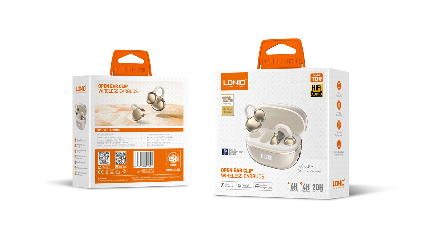 LDNIO T09 con BT 5.4, baja latencia, control táctil y estuche 400 mAh (USB-C). Diseño abierto con clip y reducción de ruido. Envíos a todo el Perú.