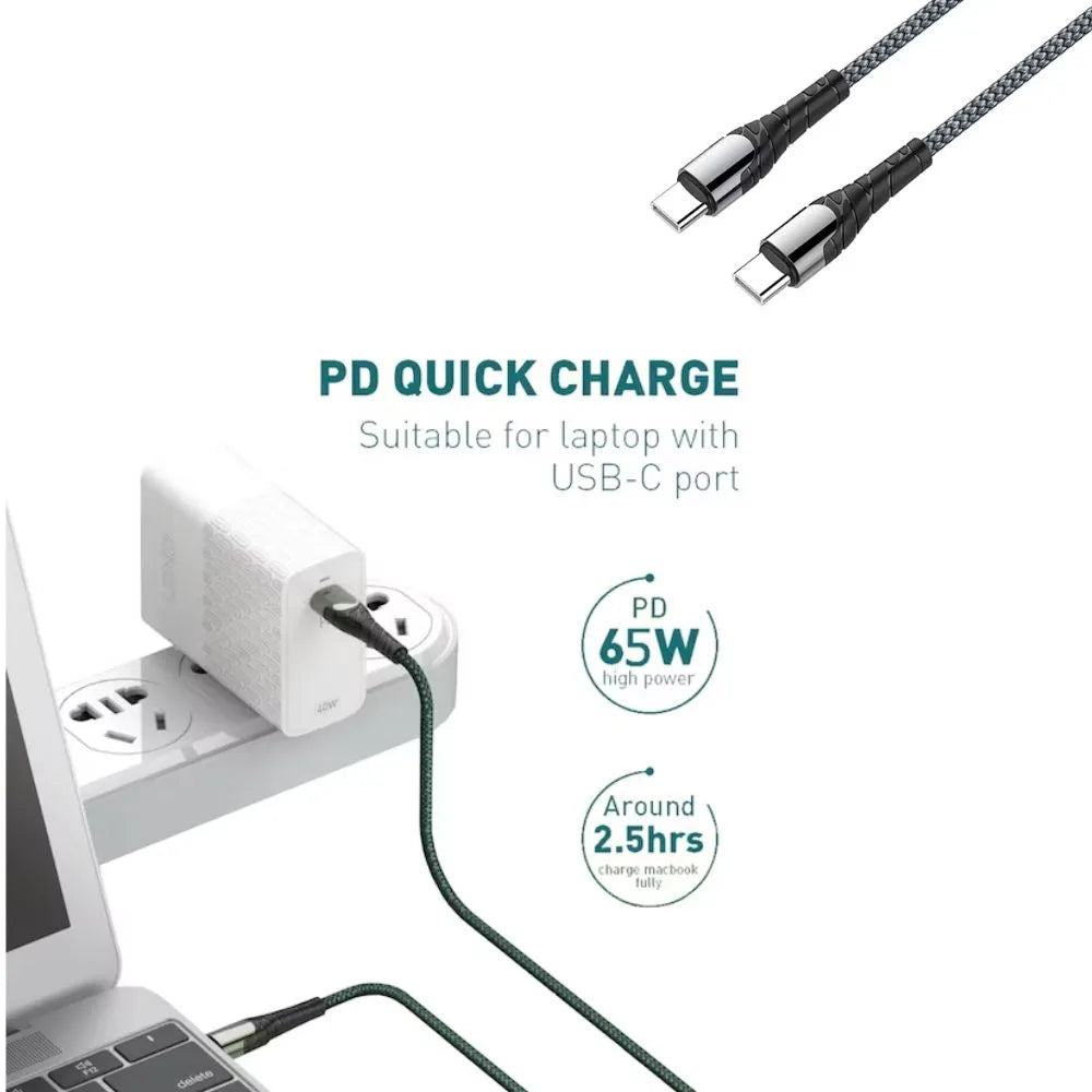 Cable LDNIO LC101 USB-C a USB-C 65W (3A, 1 m), nylon trenzado y 480 Mbps. PD/QC para móvil, tablet y laptop. Envíos a todo el Perú.