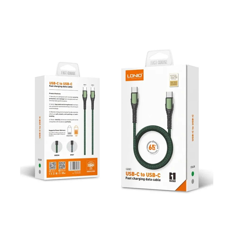 Cable LDNIO LC101 USB-C a USB-C 65W (3A, 1 m), nylon trenzado y 480 Mbps. PD/QC para móvil, tablet y laptop. Envíos a todo el Perú.
