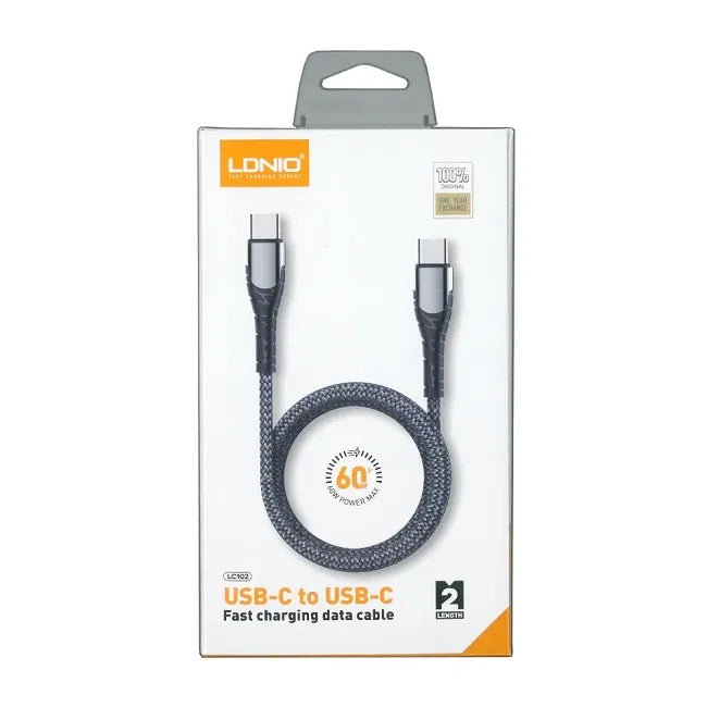 Cable LDNIO LC102 USB-C a USB-C 65W (3A, 2m), nylon trenzado y 480 Mbps. PD/QC3.0 para móvil, tablet y laptop. Envíos a todo el Perú.