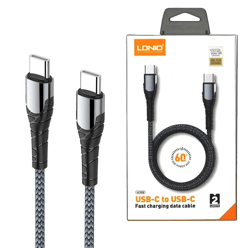 Cable LDNIO LC102 USB-C a USB-C 65W (3A, 2m), nylon trenzado y 480 Mbps. PD/QC3.0 para móvil, tablet y laptop. Envíos a todo el Perú.