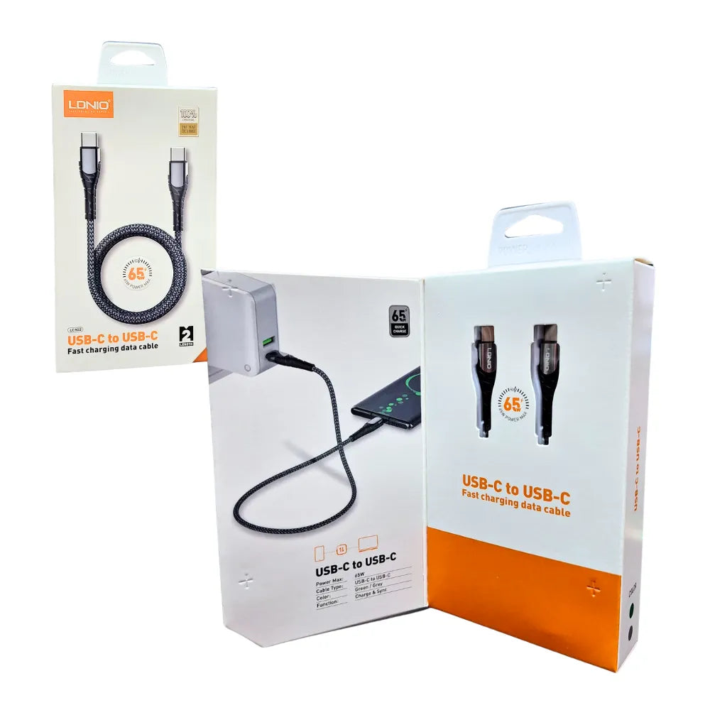 Cable LDNIO LC102 USB-C a USB-C 65W (3A, 2m), nylon trenzado y 480 Mbps. PD/QC3.0 para móvil, tablet y laptop. Envíos a todo el Perú.