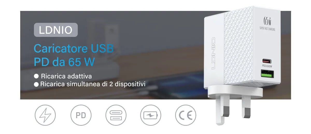 LDNIO A2620X (A2620C) 65W con USB-C PD y USB-A, PC ignífugo y 9 protecciones. Incluye cable USB-C y plugs EU/US/UK. Envíos a todo el Perú.