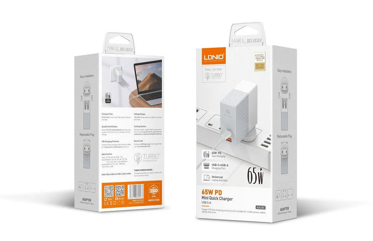 LDNIO A2620X (A2620C) 65W con USB-C PD y USB-A, PC ignífugo y 9 protecciones. Incluye cable USB-C y plugs EU/US/UK. Envíos a todo el Perú.