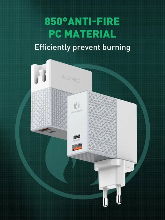 LDNIO A2620X (A2620C) 65W con USB-C PD y USB-A, PC ignífugo y 9 protecciones. Incluye cable USB-C y plugs EU/US/UK. Envíos a todo el Perú.