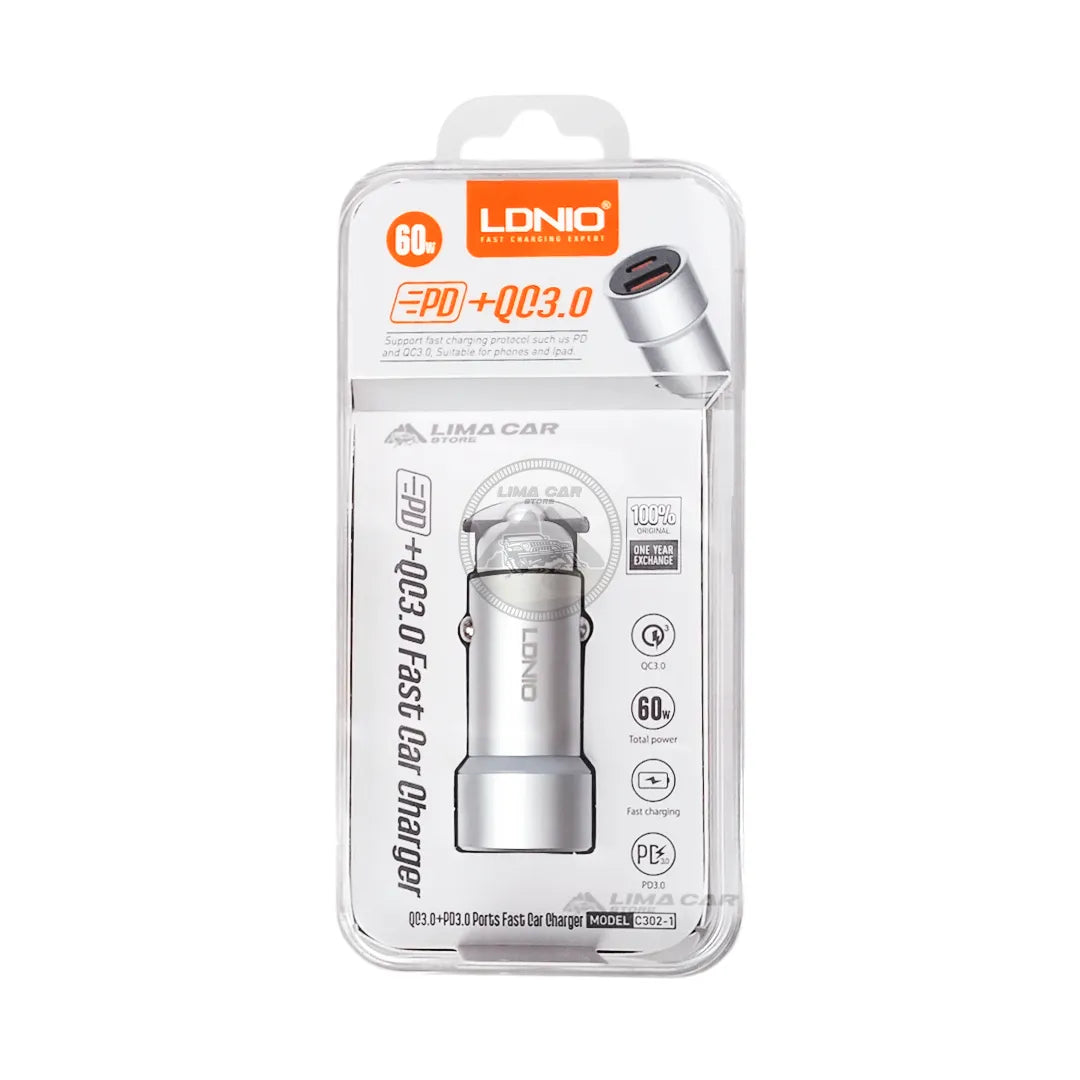 Cargador vehicular LDNIO C302-1 de 60W con USB-C PD + USB-A e incluye cable USB-C. Carga rápida para ruta. Envíos a todo el Perú.