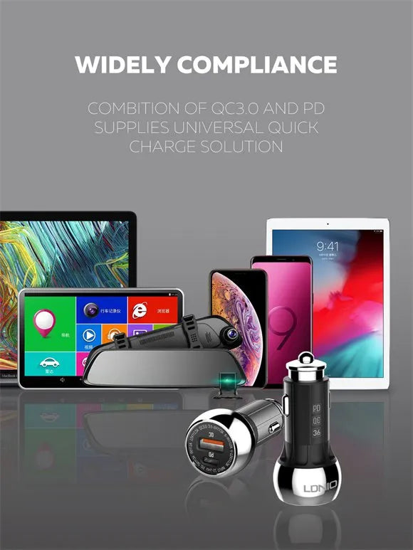 Cargador vehicular LDNIO C1 36W con USB-C PD y USB-A QC3.0, aleación de zinc y 9 protecciones. Compatible 12–24 V. Envíos a todo el Perú.